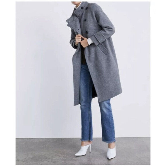 Zara Basic Asymmetric Button Coat Wool Blend Gray Women's Size XL - Picture 7 of 10